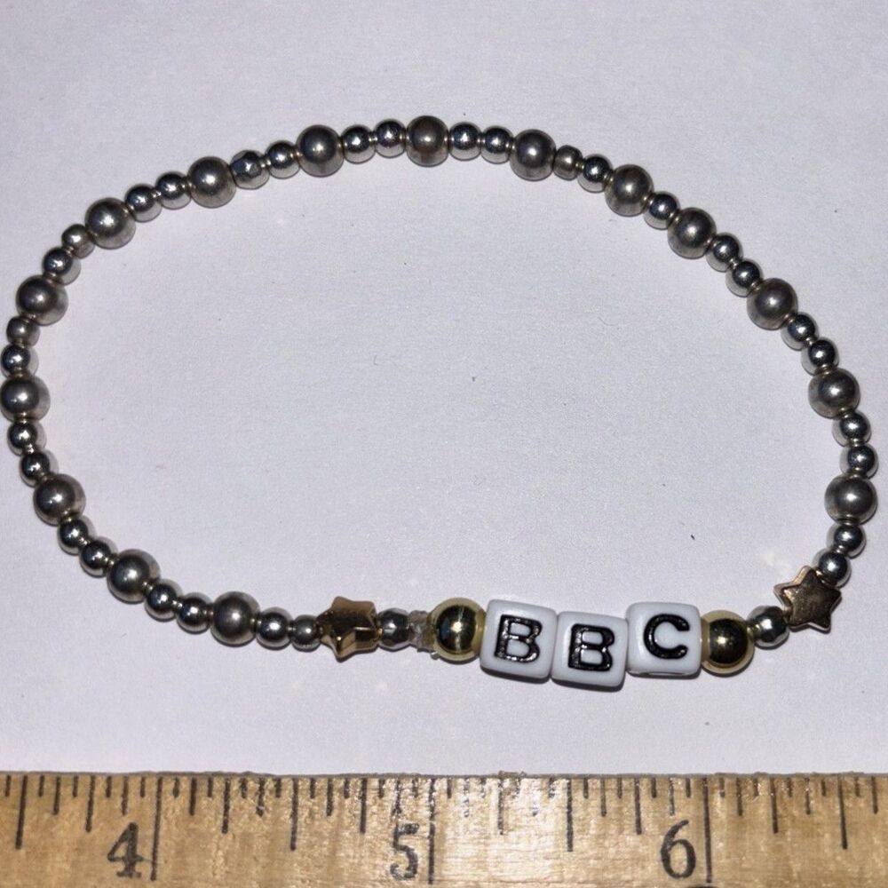 Handmade Silver Beaded Letter Charm Bracelet BBC Stretch Stacking Novelty